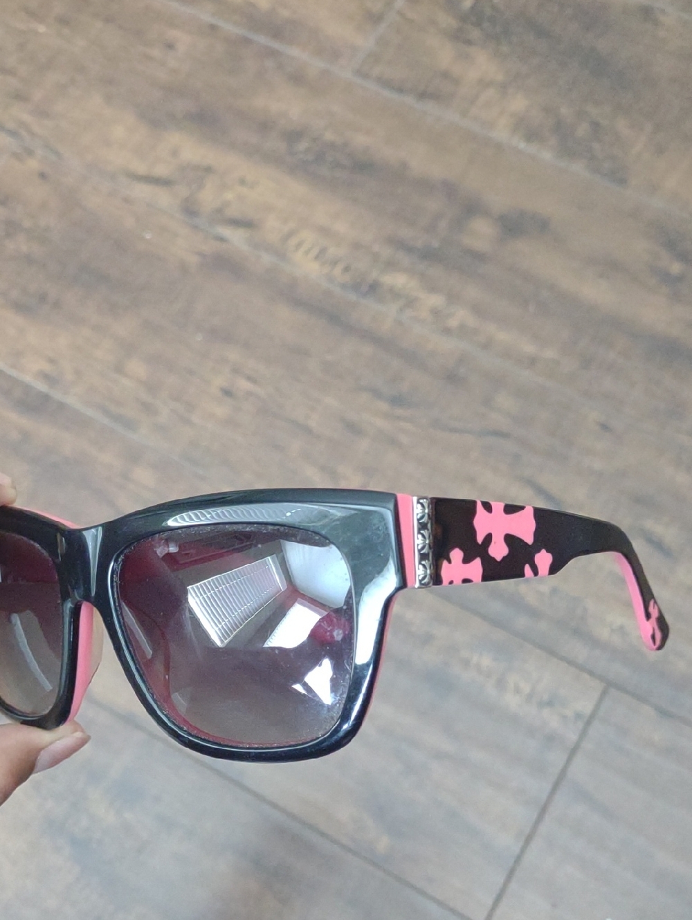 Black Chrome Hearts Sunglasses with Pink Accent Frames